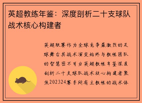 英超教练年鉴：深度剖析二十支球队战术核心构建者